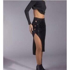 NWT Urban Outfitters Sparkly Metallic Black Midi Skirt M Stretch Keyholes Party
